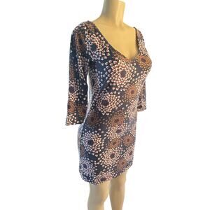 Women M Lucy Activewear Stretch Tunic Mini Dress 3/4 Slv Brown Floral Print